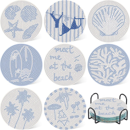Beach Diamond Art Coasters Kit, 8 Pcs Beach Diamond Painting Coasters with Holder, 5D Gem Art Kit Easy Crafts, Non Slip Coaster for Home Decor Gift