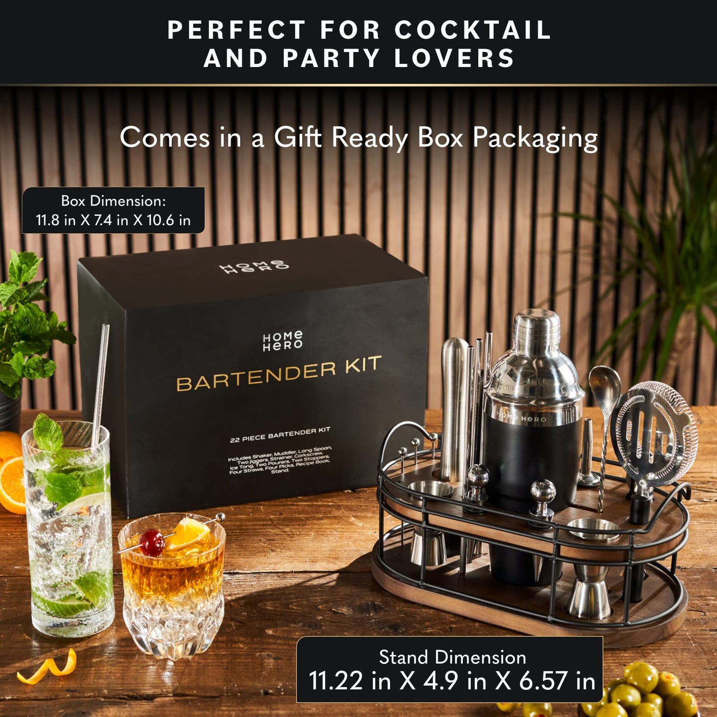 Home Hero Bartender Kit - 22-Piece Cocktail Shaker & Bar Tool Set - Wooden Stand Display & Bar Cart Accessories - Recipe Book & Housewarming Gifts - 22-Pc, Silver