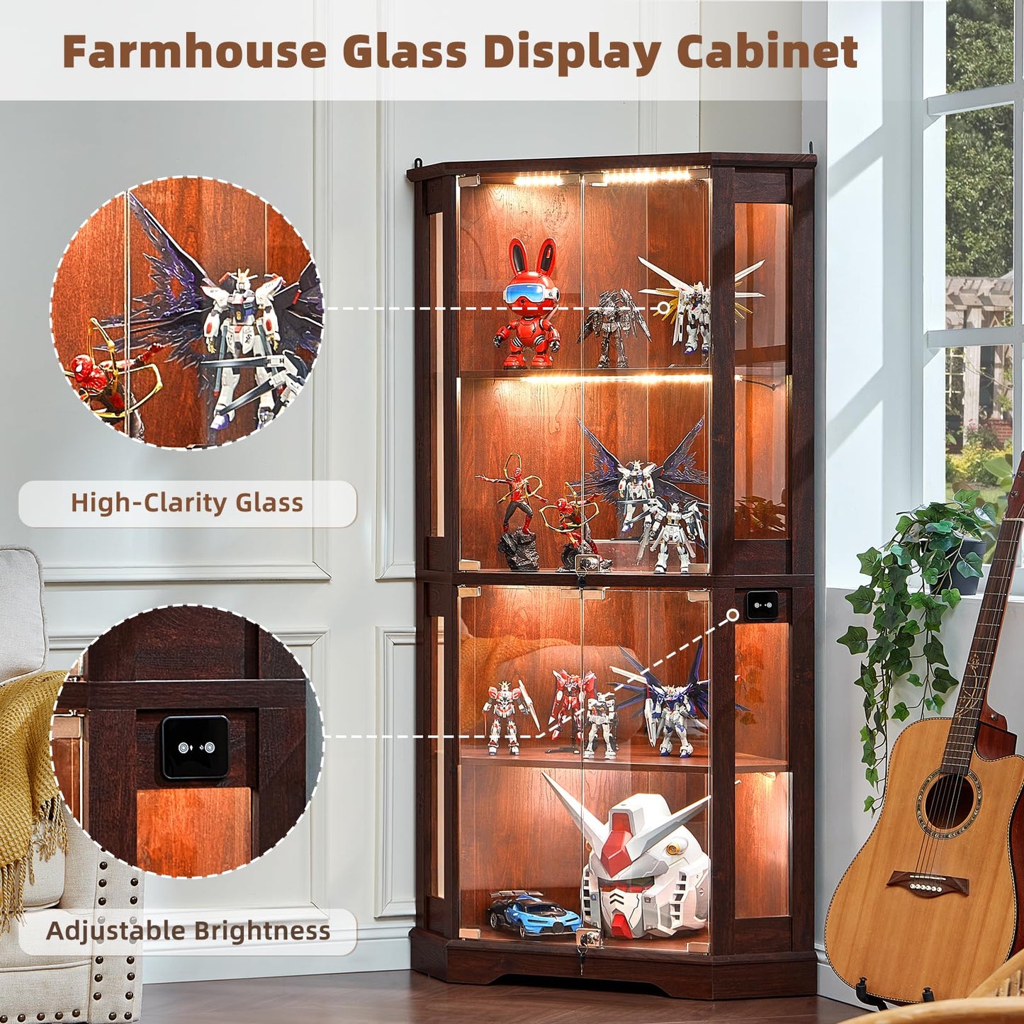 LELELINKY Farmhouse Glass Display Cabinet Set of 2 with Doors, Corner Curio Cabinet for Collectibles, Wooden Display Cabinets for Home, Office, Living Room, Corner, Walnut