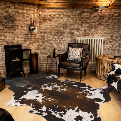 Breling 59" x 79" Western Party Decoration Faux Cowhide Rug Western Animal Flannel Cow Print Rug Farmhouse Rustic Home Decor for West Theme Birthday Party Supplies Bedroom Decor(Brown,Elegant Style)