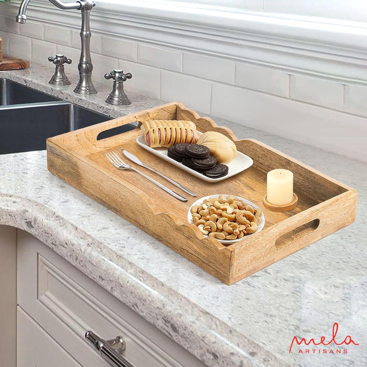 15x10x1.75 inch Mela Artisans Wooden Serving Tray with Handles | | Mango Wood Decorative Tray| Ottoman Tray | Snacks |