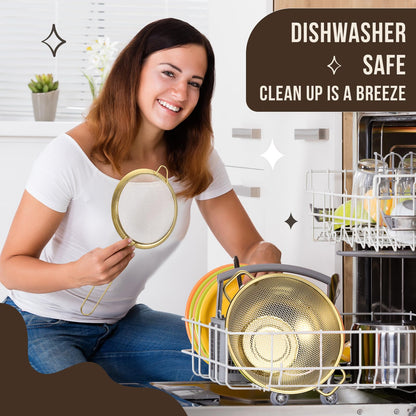 Baderke 7 Pcs Gold Kitchen Accessories Includes Stainless Steel Colander with Handles, 3 Gold Mixing Bowls with Airtight Lids and 3 Fine Mesh Strainer(Colander: 5 Qt, Mixing Bowls: 1.5/2/3 Qt)