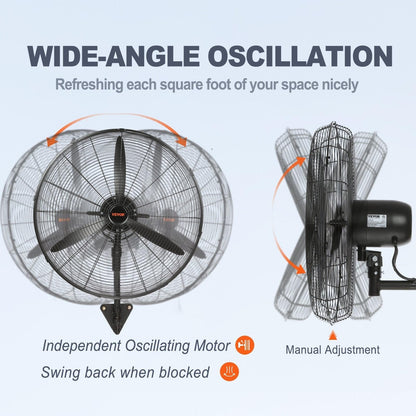 VEVOR 24 Inch 3-Speed 7000 CFM Black Waterproof Wall Mount Oscillating Fan