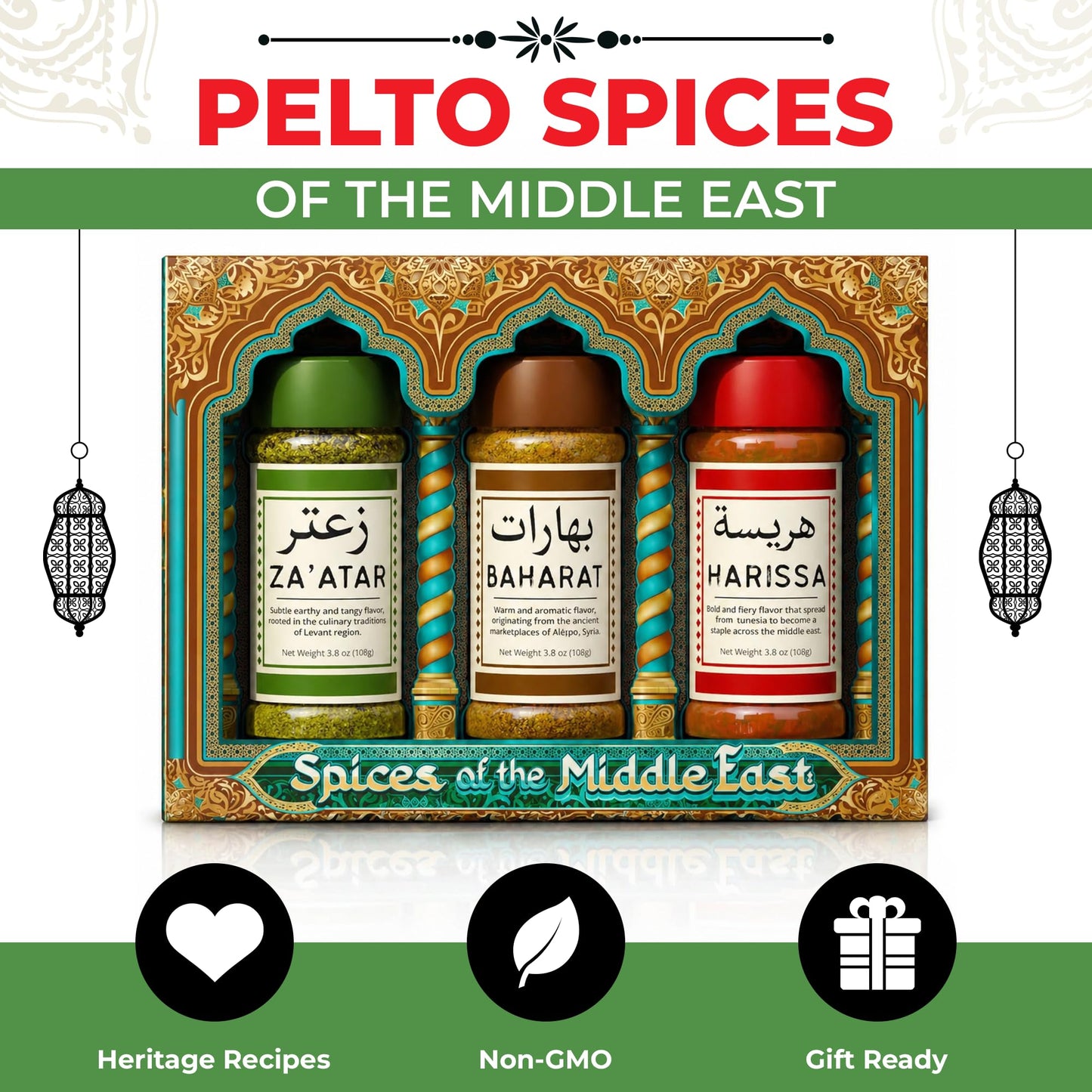 Spices of the Middle East – Zaatar, Baharat, Harissa – Arabic Seasonings in Decorative Box – Father’s Day Gift, Christmas, Mother’s, Premium Ingredients
