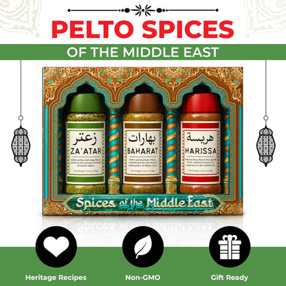 Spices of the Middle East – Zaatar, Baharat, Harissa – Arabic Seasonings in Decorative Box – Father’s Day Gift, Christmas, Mother’s, Premium Ingredients