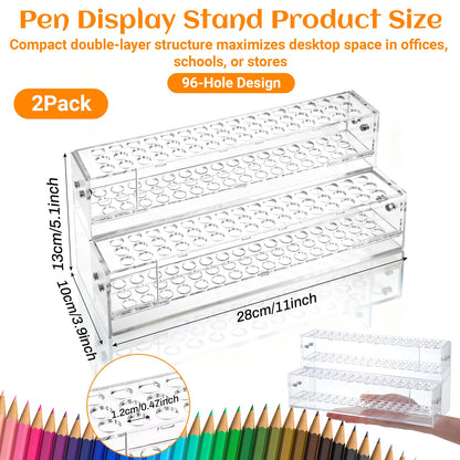 Tolare 2 Pcs 2-Tier Clear Acrylic Pen Holder with 96 Slots - Multi-Hole Acrylic Pen Display Stand for Organization, Perfect Makeup Brush Holder & Art Brush Rack Organizer for Office Desk, Craft Shows