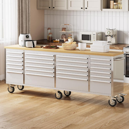 96" Rolling Tool Chest, 24 Drawers, Solid Rubber Wood Workbench Top, Locking Wheels and Key Lock, Mobile Garage Storage Cabinet, Heavy Duty Mobile Organizer for Workshop, Silver