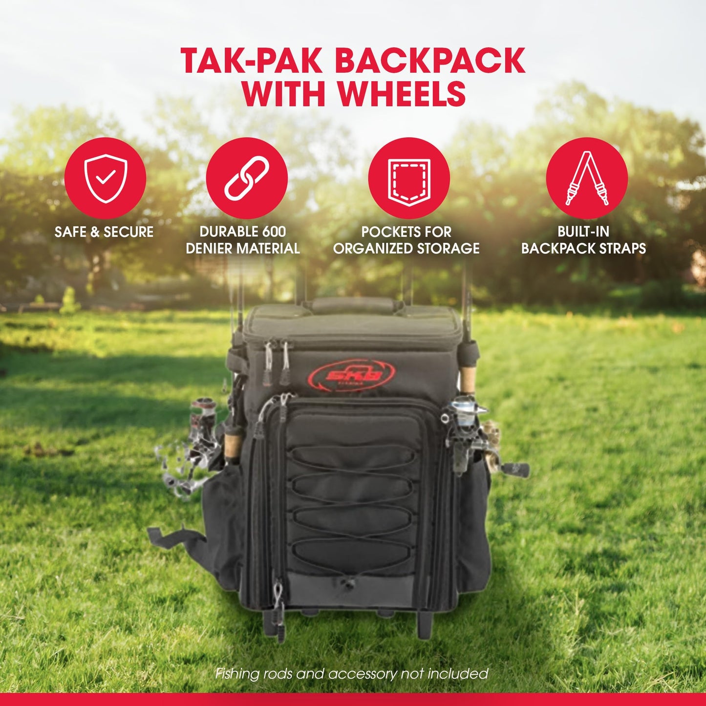 SKB Tak-Pak Backpack with Wheels, Removable Straps, and Retractable Pull Handle, Rolling Tackle Box with 4 Drawers and 5 Exterior Pockets, Black