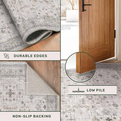 Boho Bathroom Rug by Light Grey | Modern Vintage Floral Design, Washable Non-Slip 2x4 Area Rug