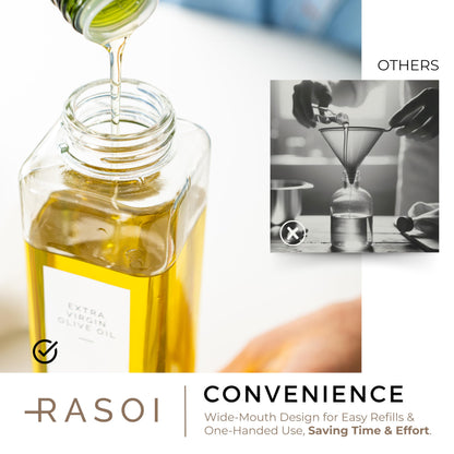 RASOI Oil Dispenser Bottle – Set of 2 17oz/500ml Oil and Vinegar Dispenser - Drip-Free Spout Glass Oil Dispenser – Kitchen Oil Dispenser with Automatic Pouring Lid - Olive Oil Bottle for Cooking