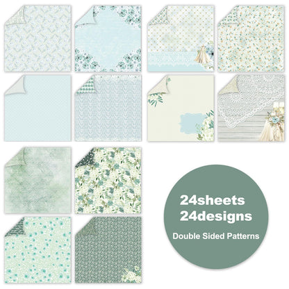 MIATTCLD 12x12 Scrapbook Paper Double Sided Patterned Paper for Scrapbooking, 24 Sheets/24 Designs Wedding Background Papers Boho Decorative Craft Papers for Card Making Journaling Decor (Green)
