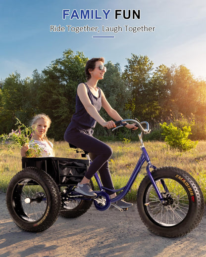 Thalorus Adult Tricycle, 20-Inch Fat Tire All-Terrain 3-Wheel Bike, 7-Speed Heavy-Duty, 450lb Capacity, Large Cargo Basket, Dual Disc Brakes, Comfort Seat for Seniors (PTS9)