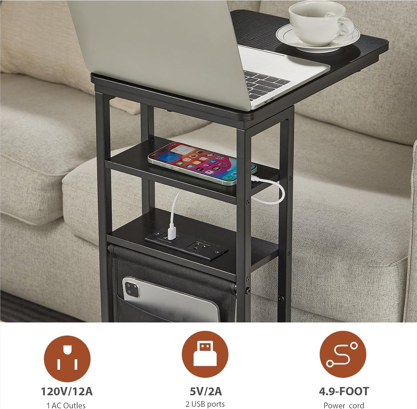 28"(H) 3-Tier C Shaped End Table with Charging Station, C Table with Storage Bag, Under Couch Table C-Shaped End Table