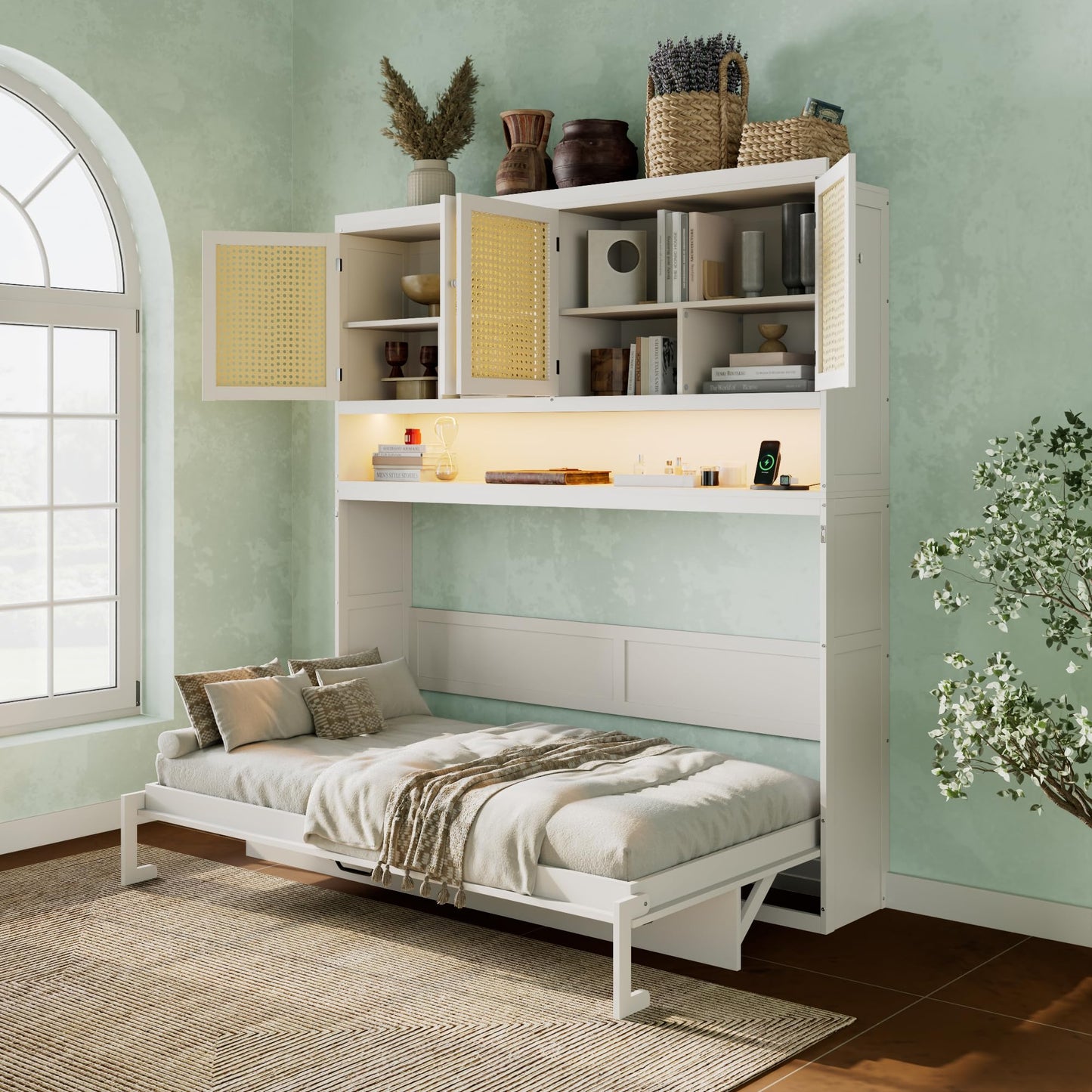 DNYN Murphy Bed Frame with Top Cabinet and LED for Bedroom/Guest/Study Room, Twin Size Wooden Foldable Wall Bed with USB Ports, Space-Saving Design & No Box Spring Needed