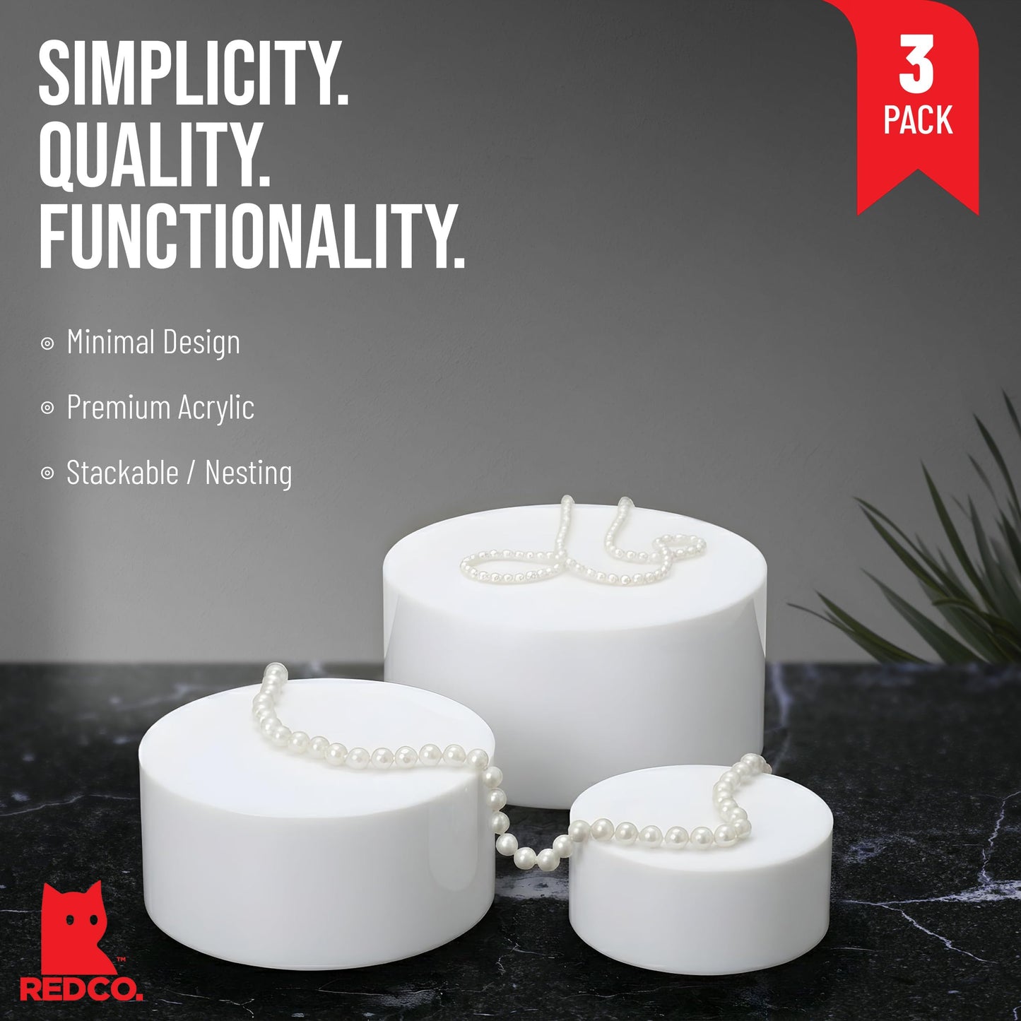 Red Co. Set of 3 Sizes (6", 5", 4") Acrylic Round Cylinder Display Nesting Riser Stands with Hollow Bottoms, Glossy White