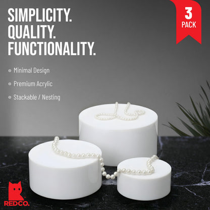 Red Co. Set of 3 Sizes (6", 5", 4") Acrylic Round Cylinder Display Nesting Riser Stands with Hollow Bottoms, Glossy White