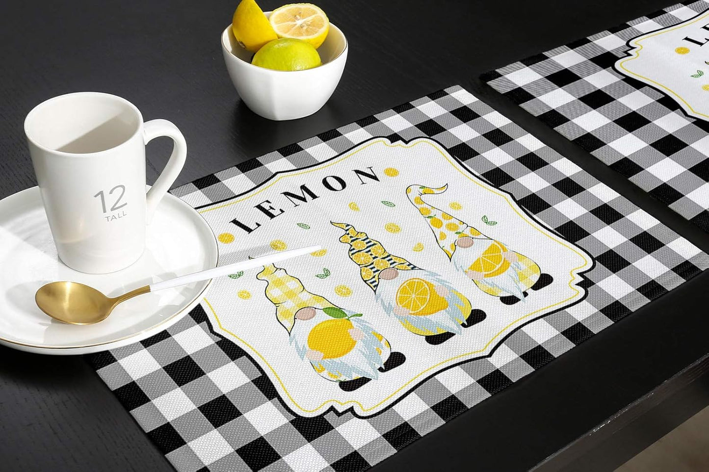 Victories Placemats for Dining Table - Summer Rural Lemon Gnomes Black White Buffalo Plaid, Set of 6