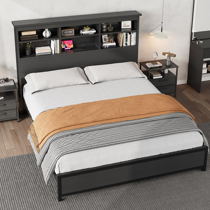 Garvee Queen Platform Bed Frame with Bookcase Headboard, Charging Station (USB & Type‑c), Tall Wooden Headboard, 9.6" Underbed Storage, No Box Spring Needed, Black