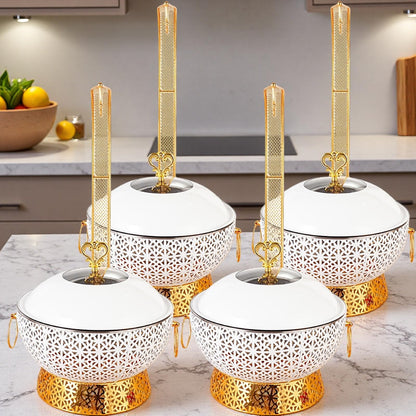 8QT White Chafing Dishes for Buffet 4 Pack, Round Stainless Steel Luxury Food Warmer for Parties Buffet, Elegant Hollow-Out Buffet Warmer for Hotel, Weddings, Home Parties, Christmas Gatherings (4)