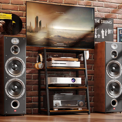 4-Tier AV Media Stand with 2 Hooks,Heavy Duty Stereo Cabinet Furniture-Large Stereo Rack and Game Console Stand,Wooden Record Player Stand,Audio Stand Perfect for DVD Players/Game Console/TV Box/Xbox