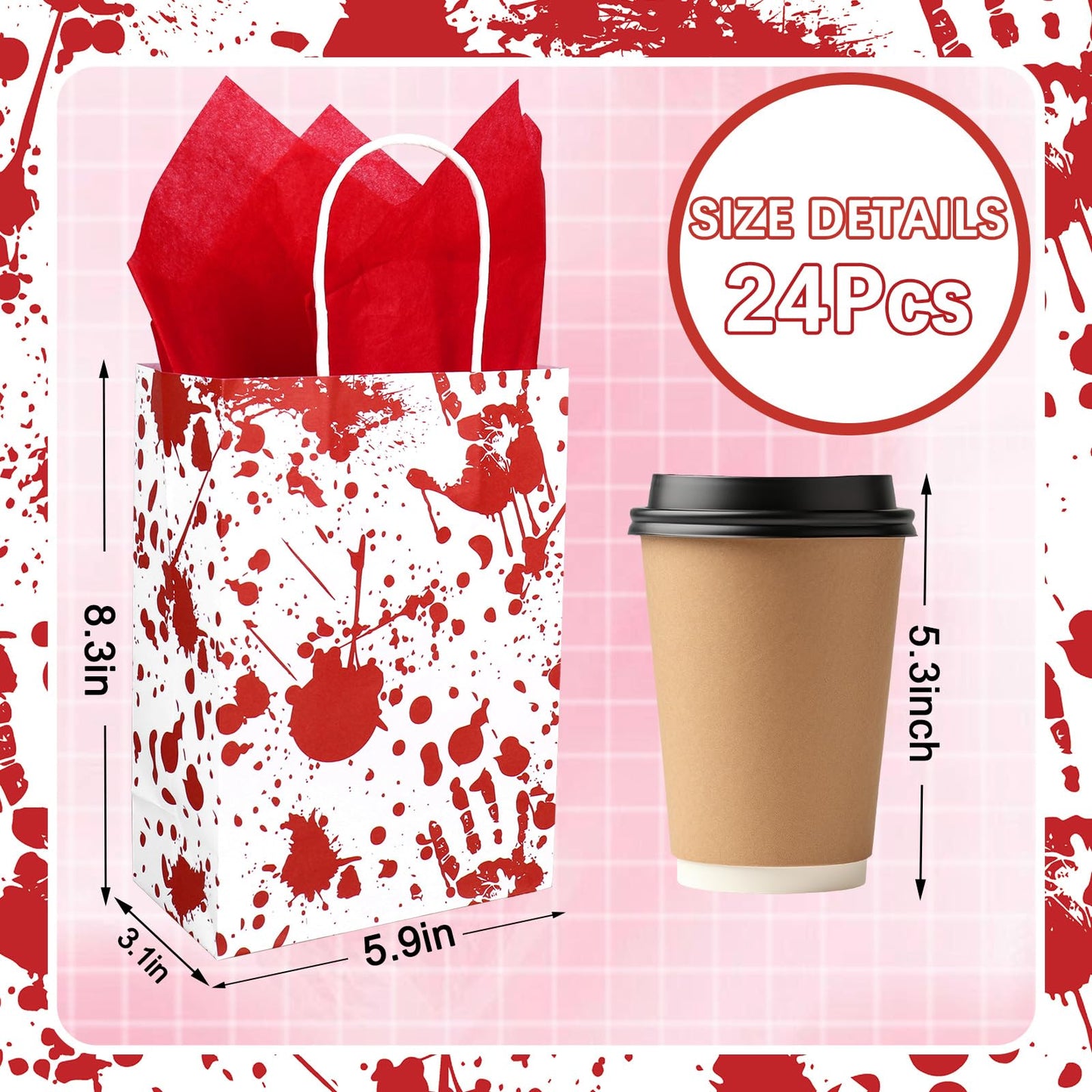JarThenaAMCS 24 Pcs Halloween Paper Gift Bags with Handles and Tissue Paper Red Bloody Handprint Party Favor Bags for Gift Candy Goodie Snacks Trick or Treat Wrap Party Favors Supplies Decorations