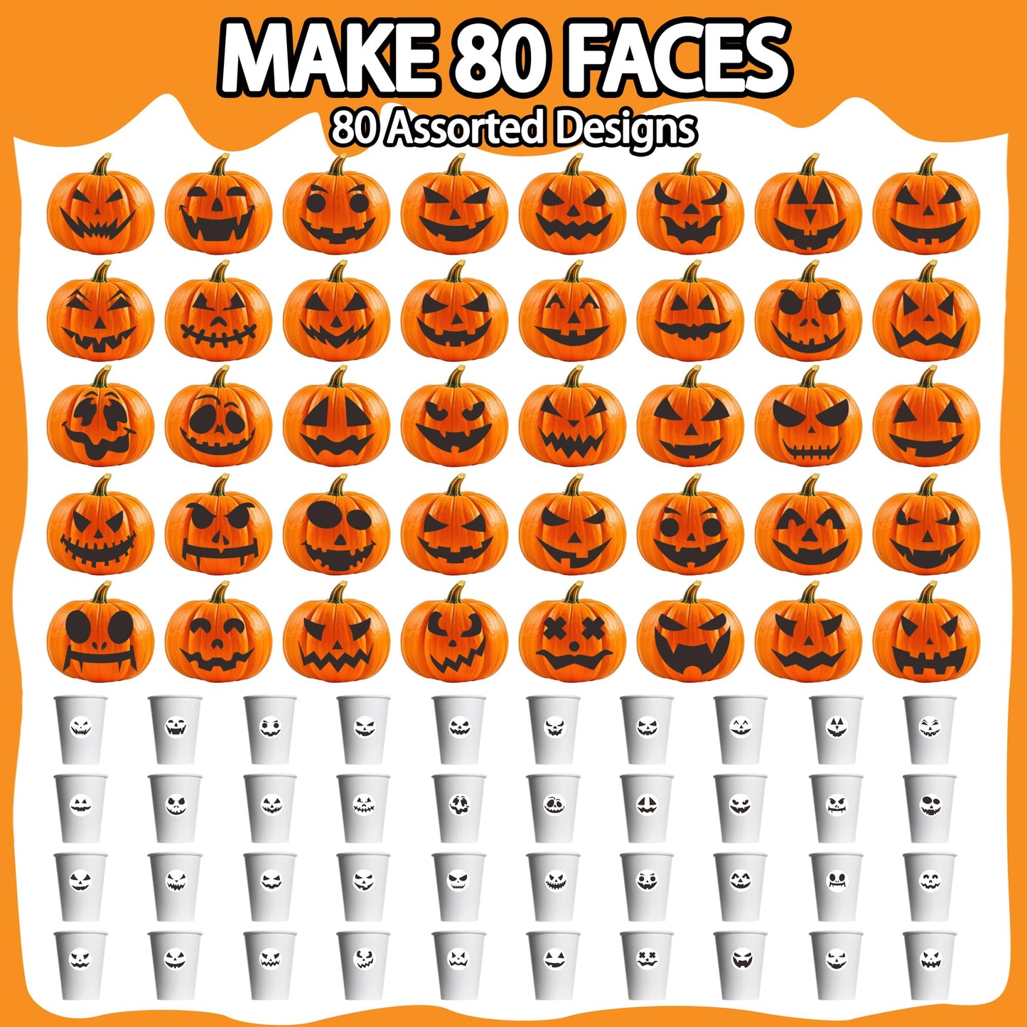 Gustum 80 Designs Pumpkin Stickers for Decorating, Jack-O'-Lantern Face Craft Decals, Pumpkin Carving Stickers Kit, Halloween Decorations Supplies Trick or Treat Party Favors for Kids