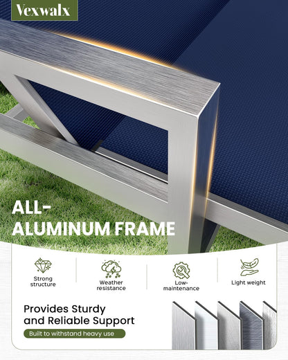 Patio Chaise Lounge Chair Outdoor Set of 2 with Wheels&Armrests, Aluminum Pool Lounge Chairs Five-Position Adjustable Recliner, Outdoor Beach Lounge Chairs for Poolside, Patio, Deck, Yard, Navy Blue