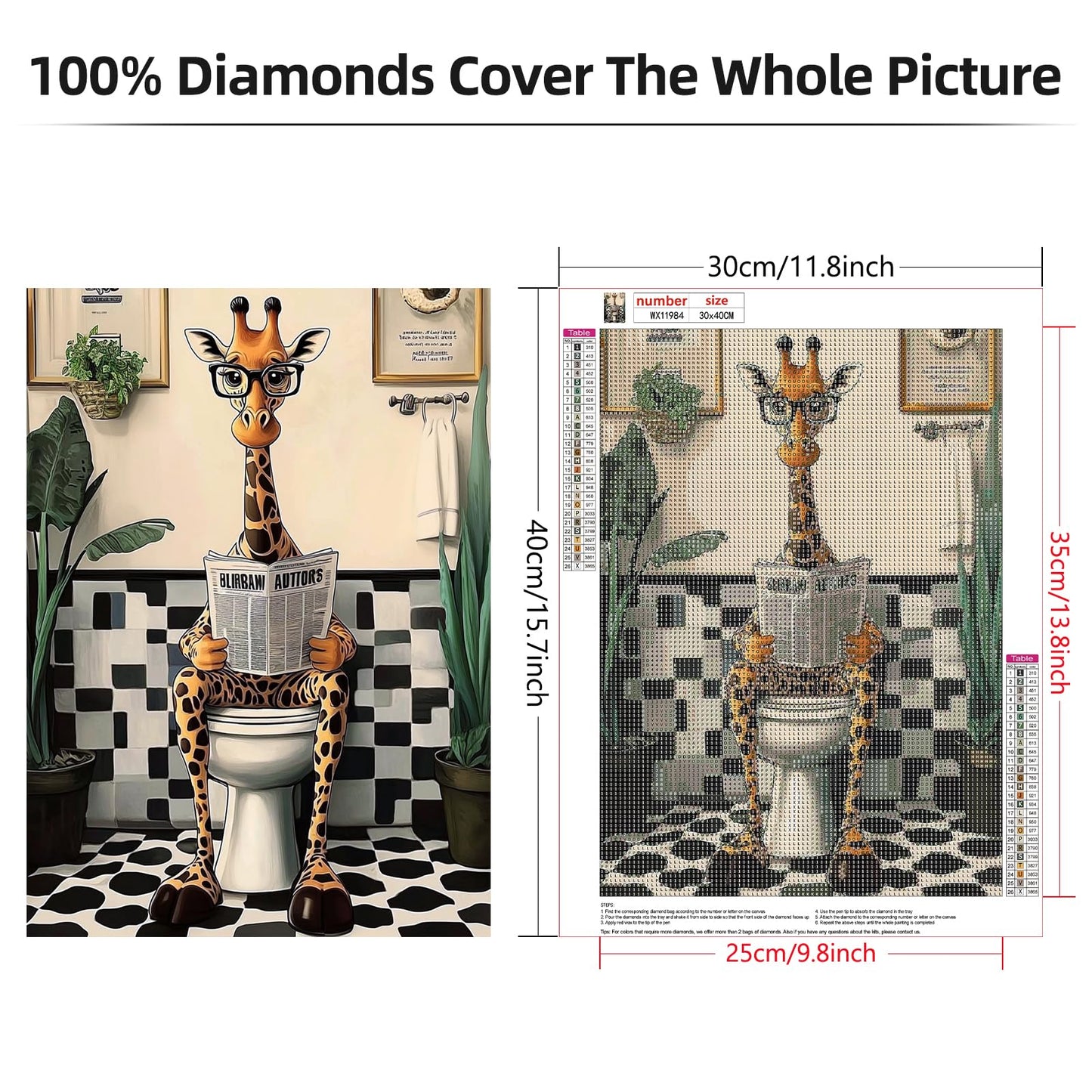 Lxmsja Giraffe Diamond Art Kits for Adults, Bathroom Diamond Painting Kits for Beginners, 5D DIY Full Drill Gem Art Crafts for Adults, Home Wall Decor 12x16 inch