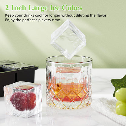 Large Ice Cube Tray for Whiskey: 2" Big Silicone Ice Tray with Lid for Whisky - 3Pack Old Fashioned Ice Cube Trays for Cocktail - Huge Square Cubed Bourbon Ice Cube Maker
