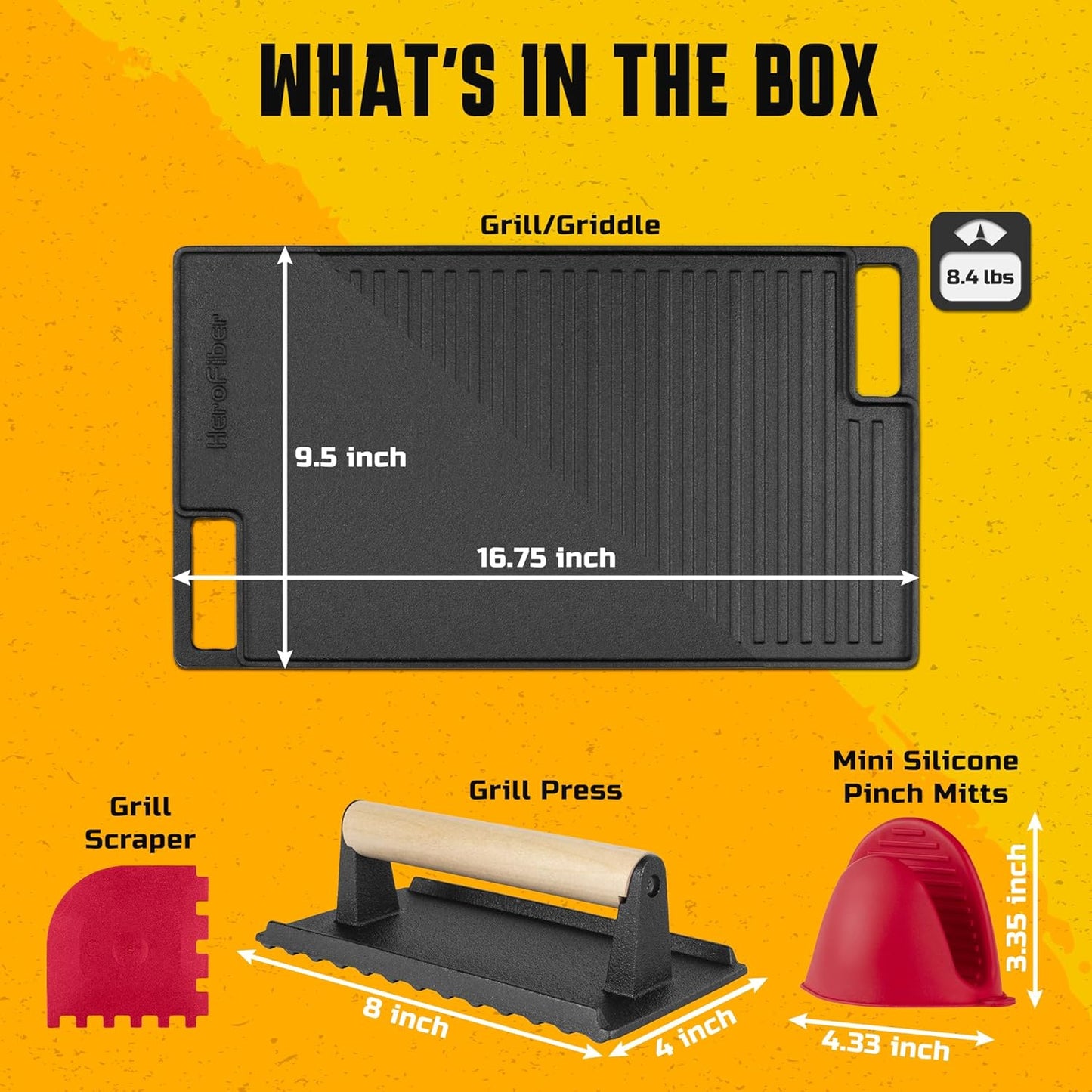 Cast Iron Reversible Grill/Griddle Set: Pre-Seasoned Non-Stick with Press, Scraper & Mitts for Indoor Outdoor Cooking