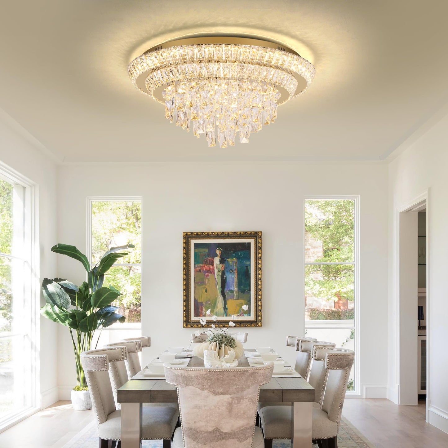 24 inch Flush Mount Crystal Chandelierse with Remote and APP Gold, Modern Elegant LED Crystal Raindrop Ceiling Light Fixtur, 3CCT Dimmable, for Living Room Kitchen Island Bedroom Entryway Foyer