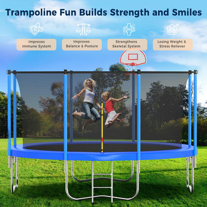 Tatub 12FT Trampoline for Kids and Adults, Outdoor Recreational Trampolines with Basketball Hoop & Enclosure Net, Blue