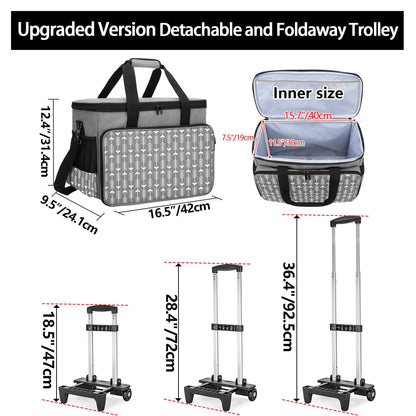 Yarwo Upgraded Rolling Sewing Machine Carrying Case, Detachable Trolley Tote Bag with Removable Bottom Board and Thickened Trailer Leg for Most Standard Sewing Machine and Accessories, Gray with Arrow