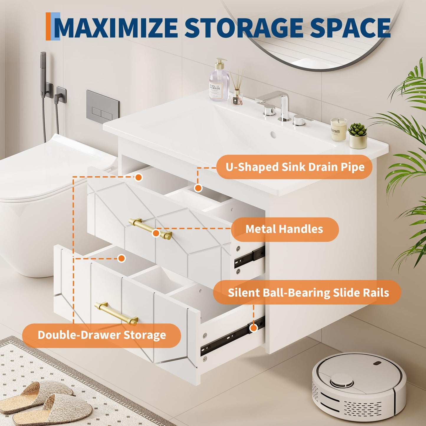 IDEALHOUSE Floating Bathroom Vanity with Sink 24 inch, Modern Bathroom Sink Cabinet, Ceramic Vanity Top, 2 Large Storage Drawers with Gold Metal Handle, Easy to Assembly, White