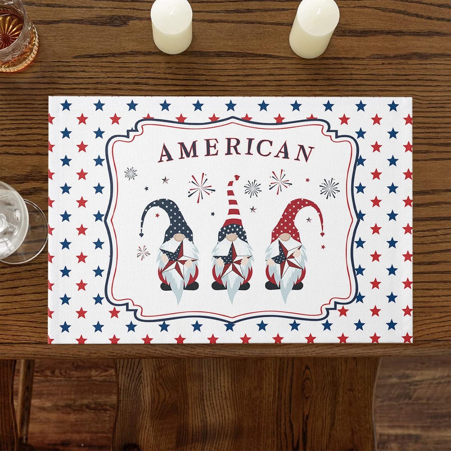 LooPoP Placemats Set of 6, Independence Day 4th of July Placemat for Dining Table Decorations, Cute Gnome Patriotic