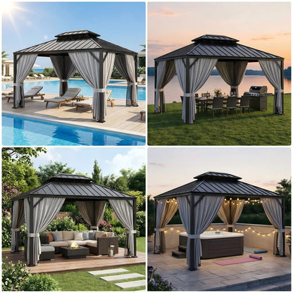 IRONCK 12'x10' Hardtop Gazebo, Update Aluminum Frame Gazebo with Galvanized Steel Double Roof, Outdoor Pergola with Curtain and Net, Backyard Canopy for Garden, Deck, Gray and Black