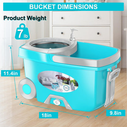 FunClean Spin Mop and Bucket for Home Cleaning, 360° Rotating Floor Mop with Wringer, Adjustable 61" Handle for Back Pain Relief, 6 Microfiber Replacement Heads, 2 Easy-Move Wheels - Blue