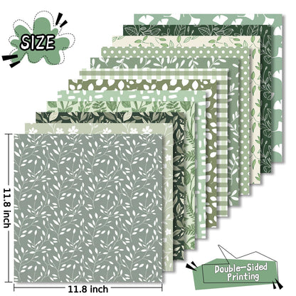 LENSARKU 24 Sheets 11.8 x 11.8 Inch Sage Green Botanical Scrapbook Paper, 160gsm Double Sided Decorative Paper for Junk Journals, Wrapping & Mixed Media, DIY Card Making, Photo Album, Journal Decor