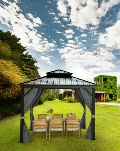Outdoor Gazebo 12x12 Hardtop, Aluminum Frame Permanent Pavilion with Double Roof, Mosquito Netting & Privacy Curtains for Patio, Garden, Deck, Lawn and Backyard Parties