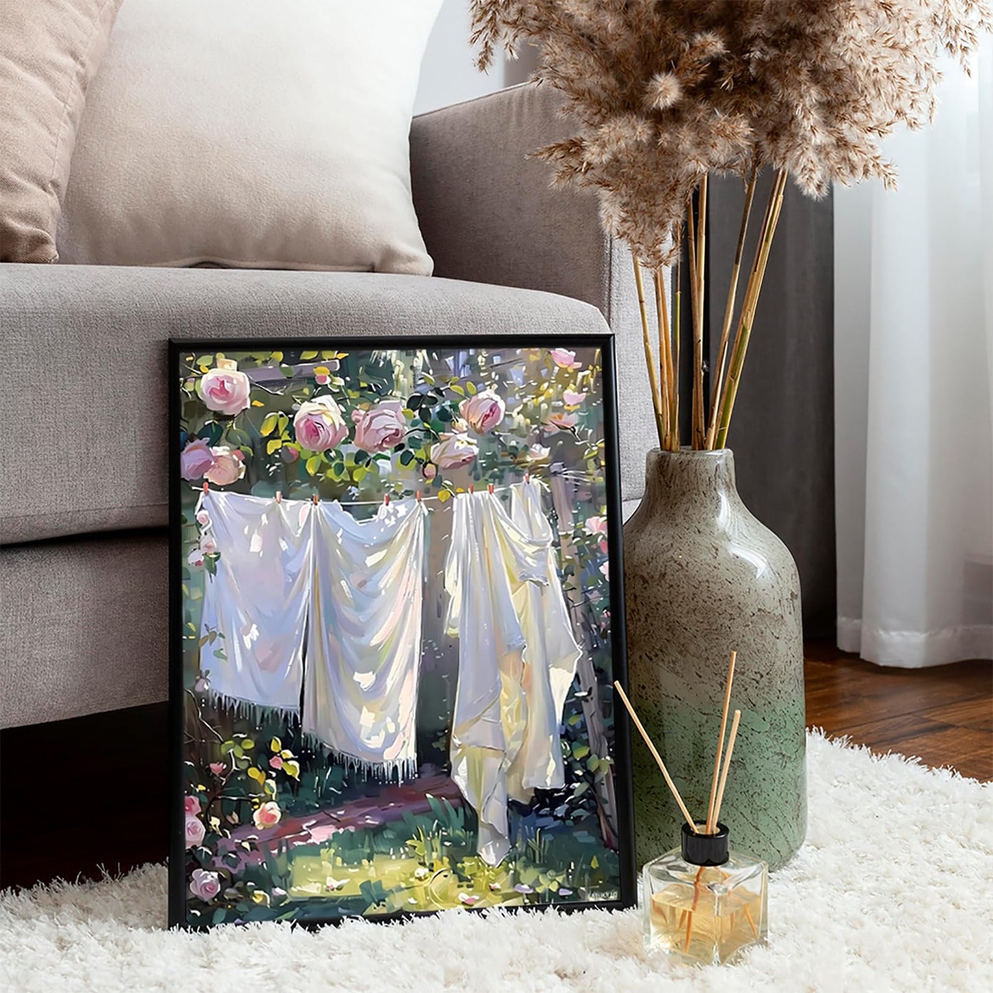 5D Diamond Painting Kit Laundry Hanging on the Line in the Garden Diamond Art Kits for Adults DIY Laundry Round Full Drill Paintings with Diamonds Gem Art for Adults Home Wall Decor 12x16 inch