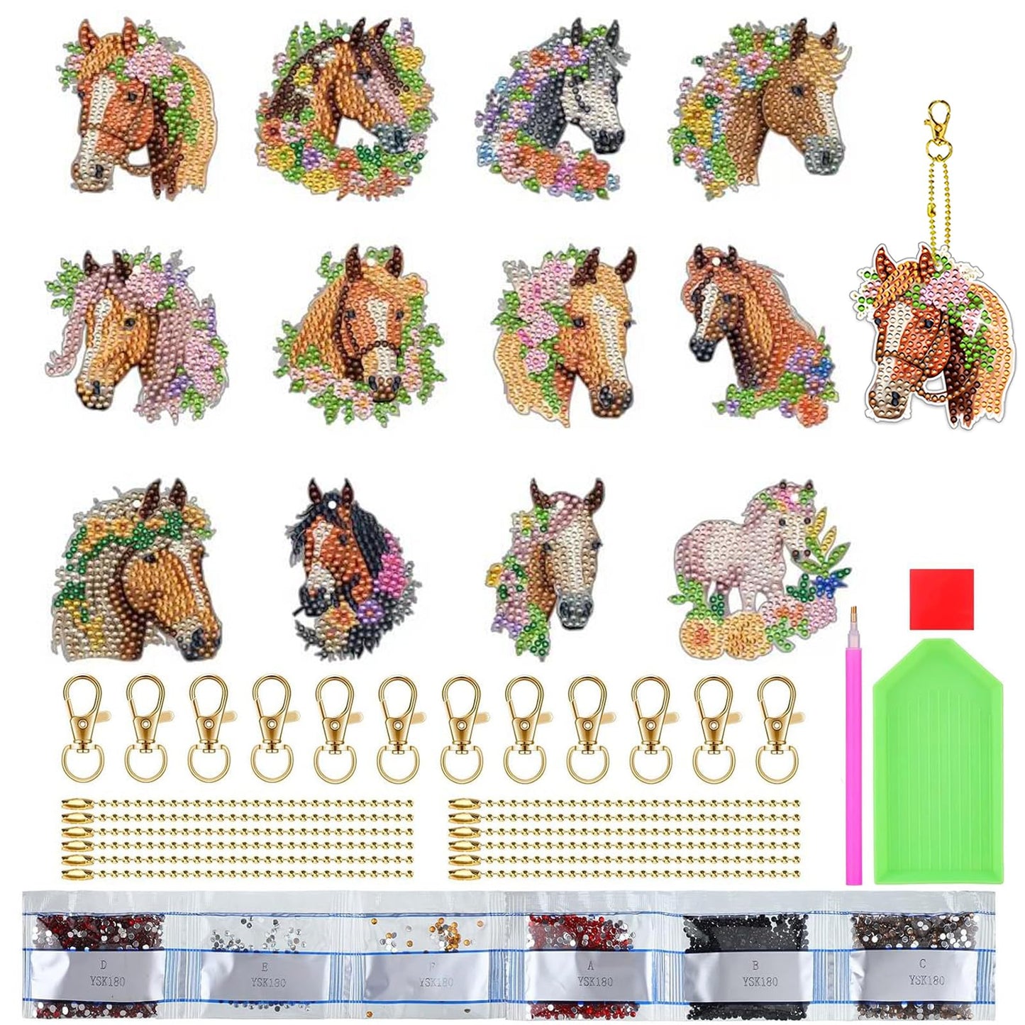 KAPOAOAO 12 Pcs Horse Diamond Art Painting Keychains, DIY 5D Double Sided Drill Diamond Art Painting Kits for Horse Western Cowboy Theme Party Home Arts Crafts Decoration Supplies