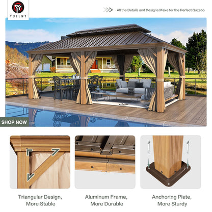 YOLENY 12'x20' Gazebo, Galvanized Steel Double Roof with Wood Grain Aluminum Frame, Outdoor Permanent Metal Pavilion with Curtains and Nettings for Patio, Backyard and Deck
