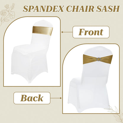 MDS Spandex Foil Chair Sashes - Universal Elastic Stretch Bands with Buckle for Weddings | Metallic Gold - Pack of 10