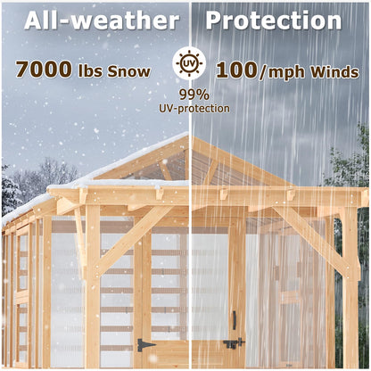 EROMMY 7x16 FT Spruce Wood Greenhouse with Pergola, Large Walk-in Polycarbonate Greenhouse Kit with Top-Hung Windows, Built-in Workstation and Staging Shelves for Backyard Garden