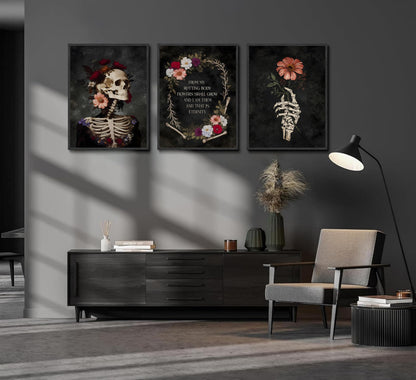 YCXDMJ 3Pcs Gothic Floral Skull Canvas Wall Art Unframed