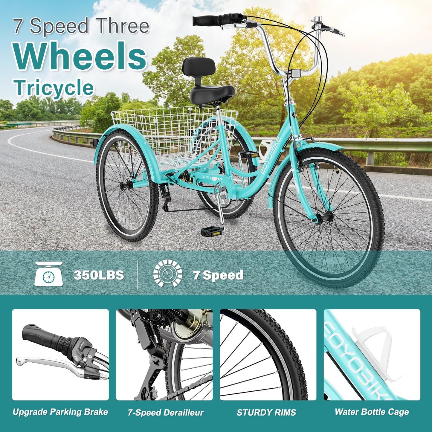 MOPHOTO Adult Tricycle 7 Speed, 20/24/26 Inch Low Step-Through Adult Trike with Large Rear Basket, 350 lbs Capacity 3 Wheel Bike for Seniors, Women and Men