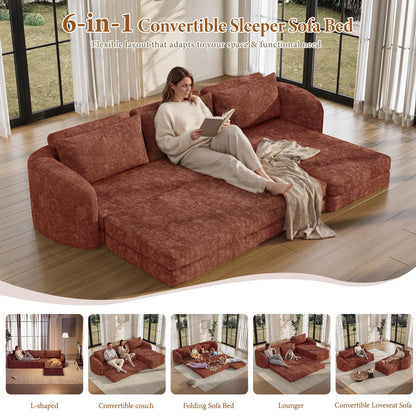 Vesgantti 110.2" Boneless Sectional Couch with Curved Armrest, 6 in 1 Convertible Folding Sleeper Sofa Bed, Chenille Modular Sofa for Living Room, No Assembly Required, Orange, Right Facing Chaise