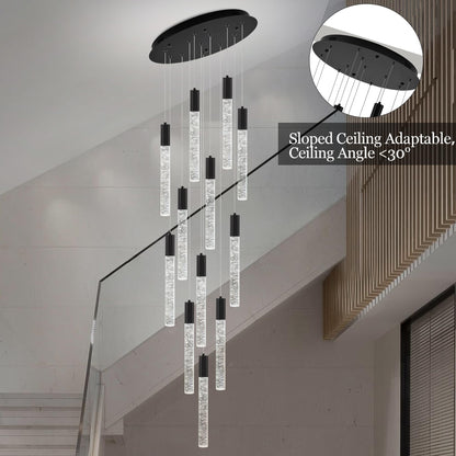 Upfelw Modern High Ceiling Crystal Chandelier 12-Lights, Large Spiral LED Raindrop Foyer Pendant Lighting, Bubble Staircase Living Room Hanging Light Fixture Flush Mount Black