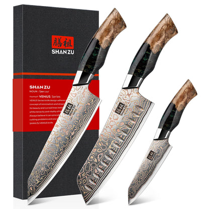 SHAN ZU Damascus Knife Set, Copper & Damascus Steel Japanese Kitchen Knives, High Carbon 33 Layer Hand Forged Utility Knife Professional Sharp Kitchen Knife with Maple Wood Handle