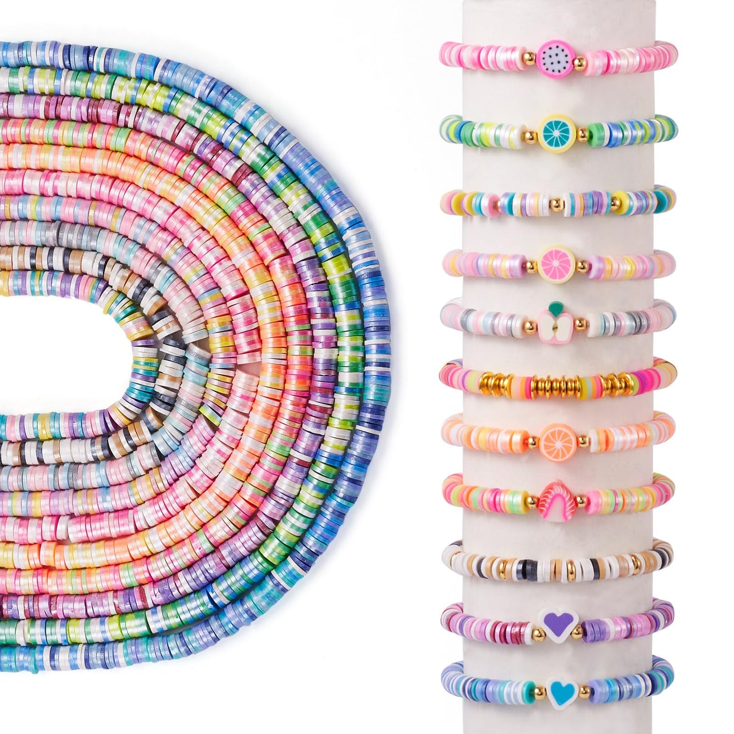 Elecrelive 10 Colors Clay Beads Bracelet Making Kit, 6mm Disc Flat Round Spacer Beads Colorful Pearlized Heishi Chips for Chocker Necklace Earring DIY Crafts